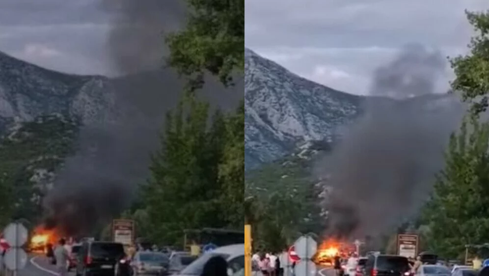 VIDEO Kod Opuzena se zapalio kombi, došlo je do eksplozije plinskog spremnika, ozlijeđen vatrogasac